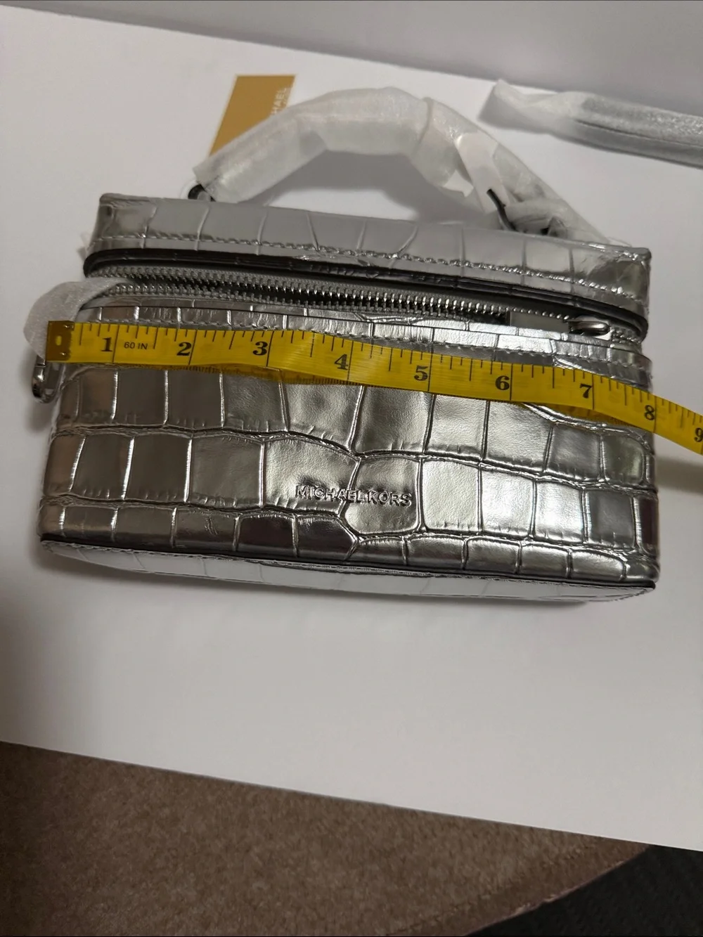 Michael Kors Metallic Silver Croc-Embossed Mini Vanity Bag